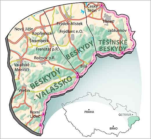 Beskydy a Valašsko - mapa území (mapa B.A.T. Program)